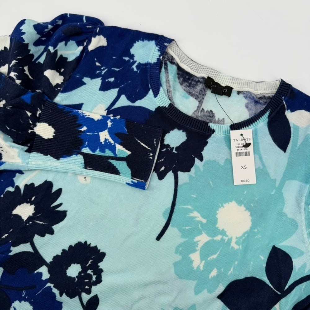Talbots Womens XS Blue Floral Puff Shoulder Cotton Tencel Pullover Sweater NWT